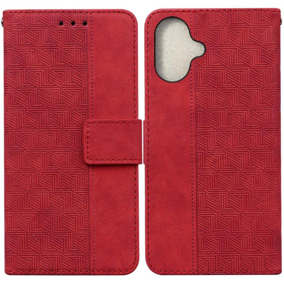 (Red) Flip Case For Iphone 16 Premium Pu Leather Wallet Cover Flip Folio Geometric Embossed Kickstand Feature Red 764563757688