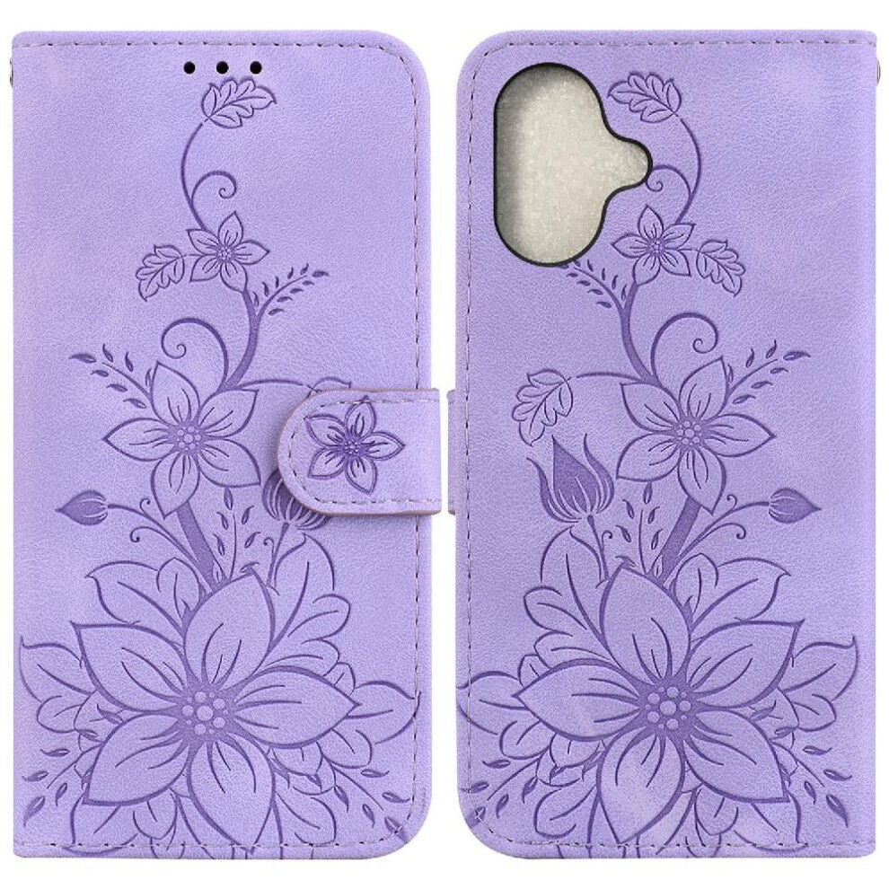(Purple) Flip Case For Iphone 16 Wallet Kickstand Card Holder Embossed Lily Magnetic Purple 764563758326