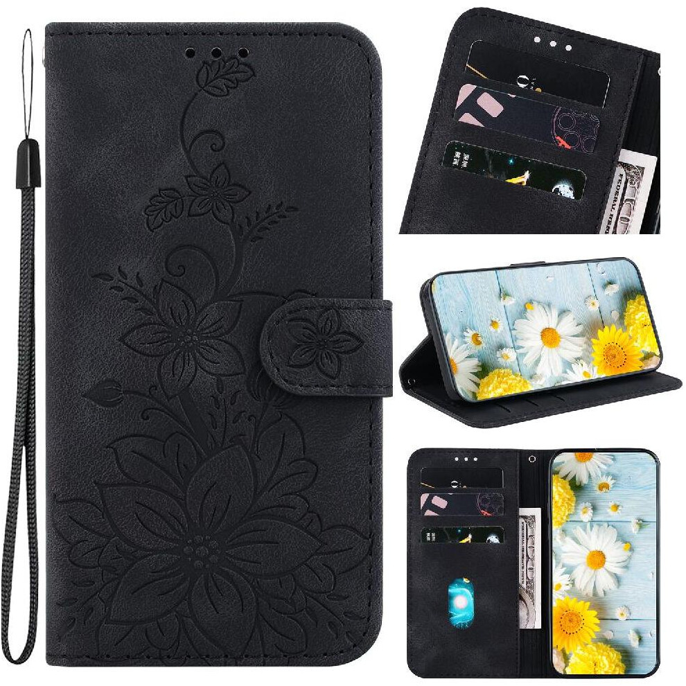 (Black) Flip Case For Iphone 16 Wallet Kickstand Card Holder Embossed Lily Magnetic Black 764563758340