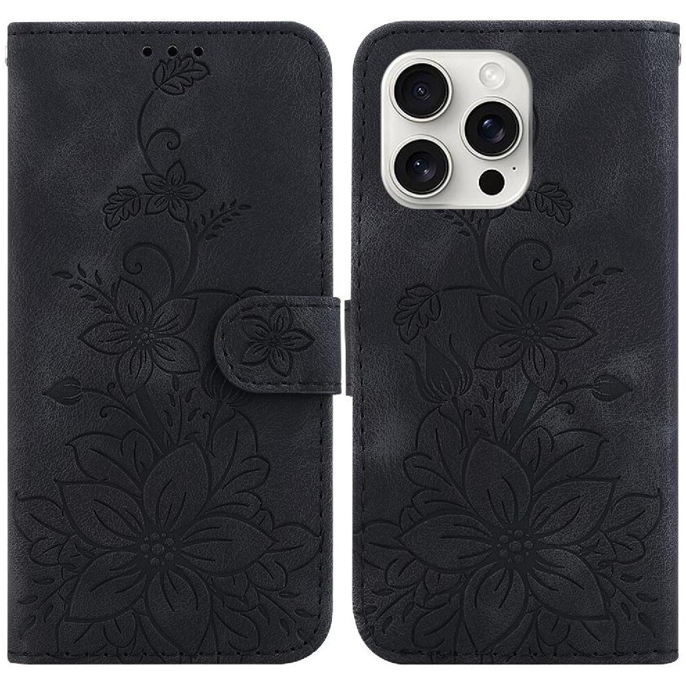 (Black) Flip Case For Iphone 16 Pro Card Holder Magnetic Kickstand Embossed Lily Wallet Black 764563758463
