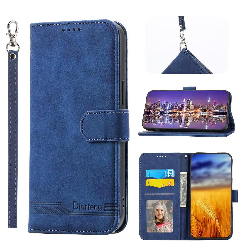 (Blue) Flip Case For Iphone 16 Magnetic Closure Card Slots Premium Wristband Cash Pocket Blue 764563760367
