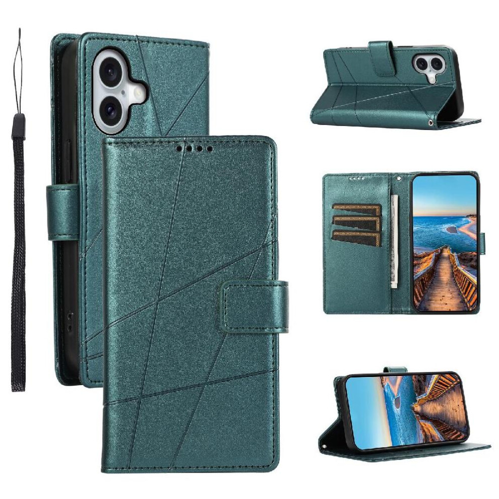 (Green) Flip Case For Iphone 16 Kickstand Shockproof Shock Absorbing Three Card Slots Green 764563760763