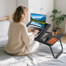 5-layer adjustable folding laptop desk - split desktop, cup holder, and anti slip gear strip, black.
