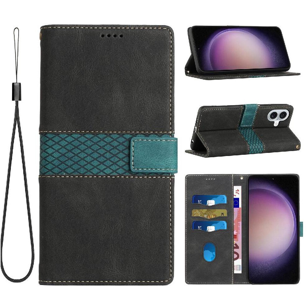 (Black) Wallet Case For Iphone 16 Magnetic Closure Wrist Strap Scratch Resistant Card Slot Kickstand Black 764563763030