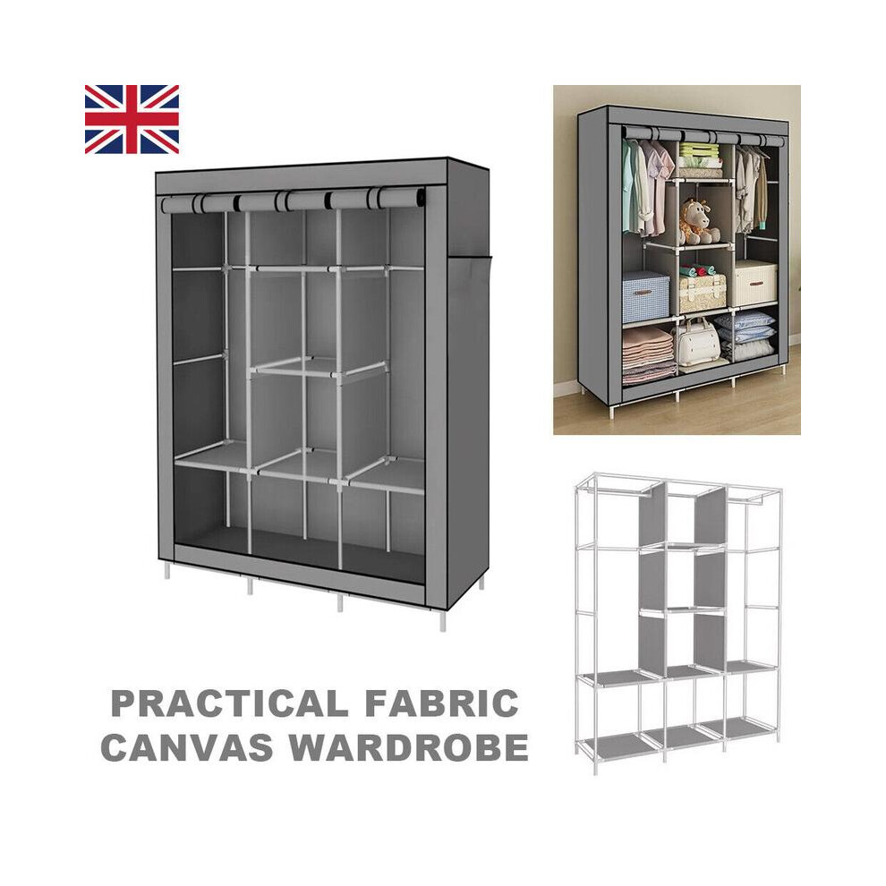 (Default) Large Fabric Canvas Wardrobe - Hanging Rail, Shelving, Clothes Storage Cupboard-image-OPC-PHQMCRQ-NEW