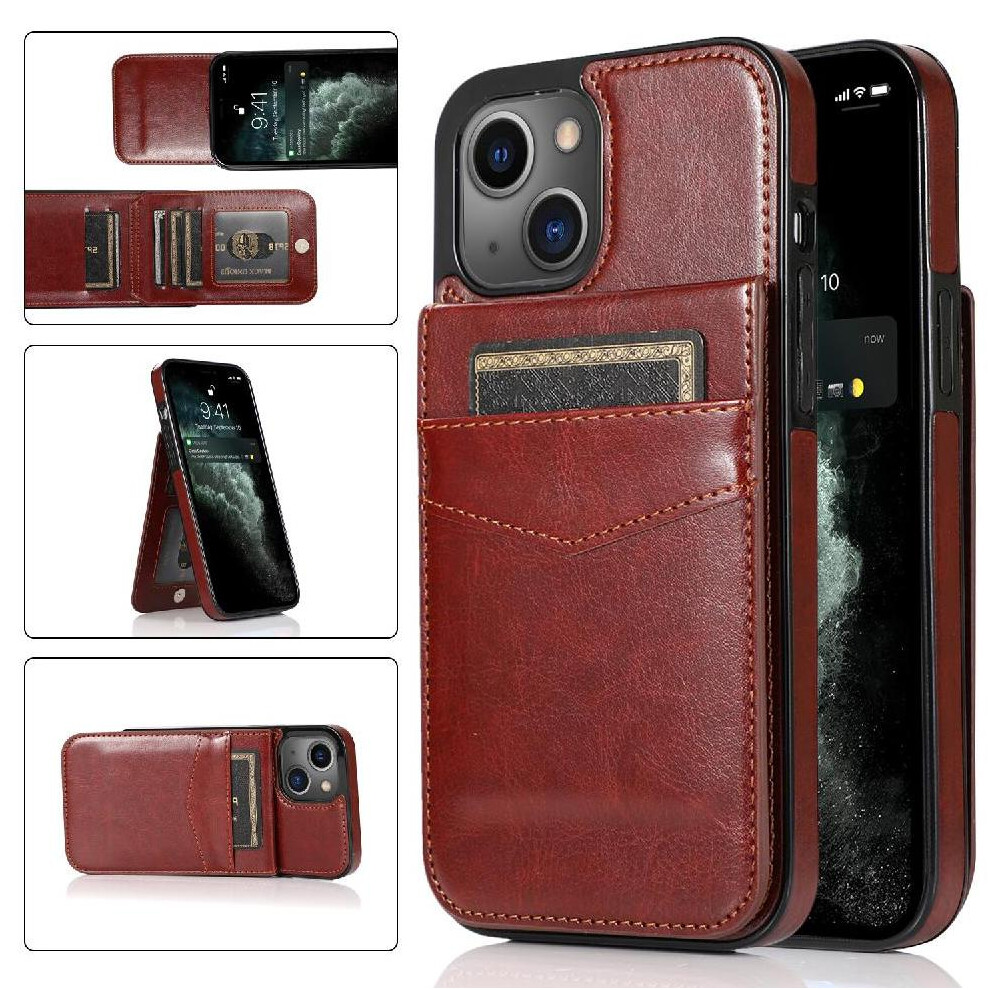 (Brown) Compatible With Iphone 13 Mini Magnetic Clasp Kickstand Premium Leather Card Holder With Credit Case Wallet Brown 764563763313