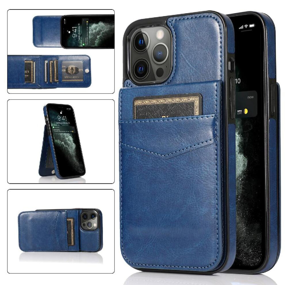 (Blue) Compatible With Iphone 13 Pro With Credit Magnetic Clasp Kickstand Premium Leather Case Wallet Card Holder Blue 764563763474