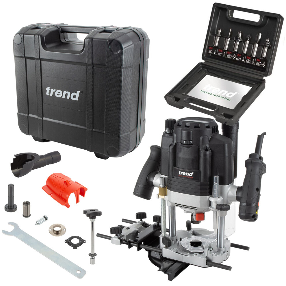 Trend T8K 240V 1/2in Trade Router 80mm Plunge Cut 2200W + 6 Piece Cutter Set