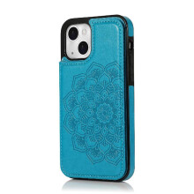 (Blue) Wallet with Card Holder Case for iphone 13 Mini Pu Leather Pattern Flower Flip Shockproof Double Buttons Embossed Mandala