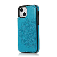 (Blue) Wallet with Card Holder Case for iphone 13 Flip Shockproof Embossed Mandala Pattern Flower Double Buttons Pu Leather