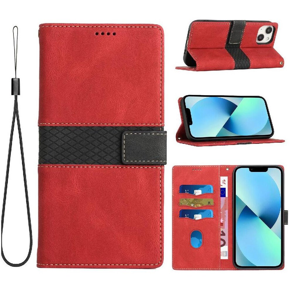(Red) Wallet Case For Iphone 13 Wrist Strap Card Slot Kickstand Magnetic Closure Scratch Resistant Red 764563765577