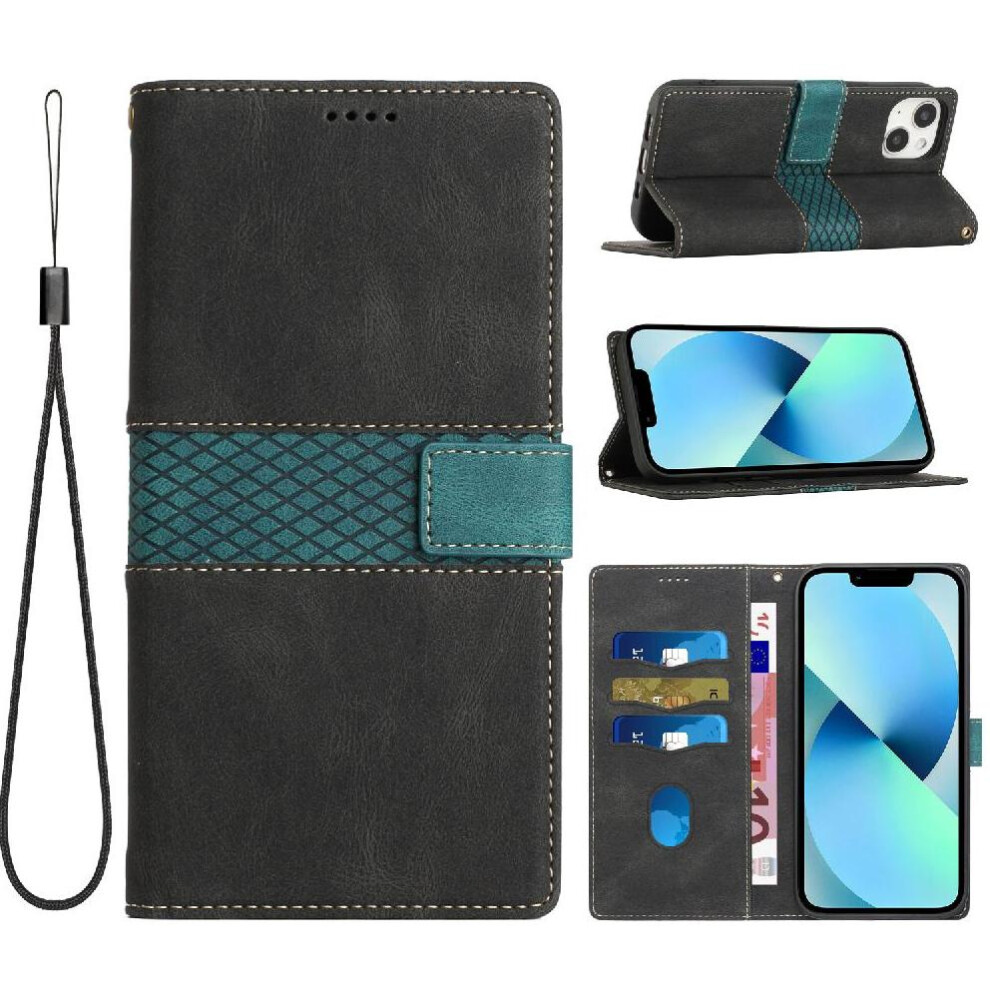 (Black) Wallet Case For Iphone 13 Wrist Strap Card Slot Kickstand Magnetic Closure Scratch Resistant Black 764563765560