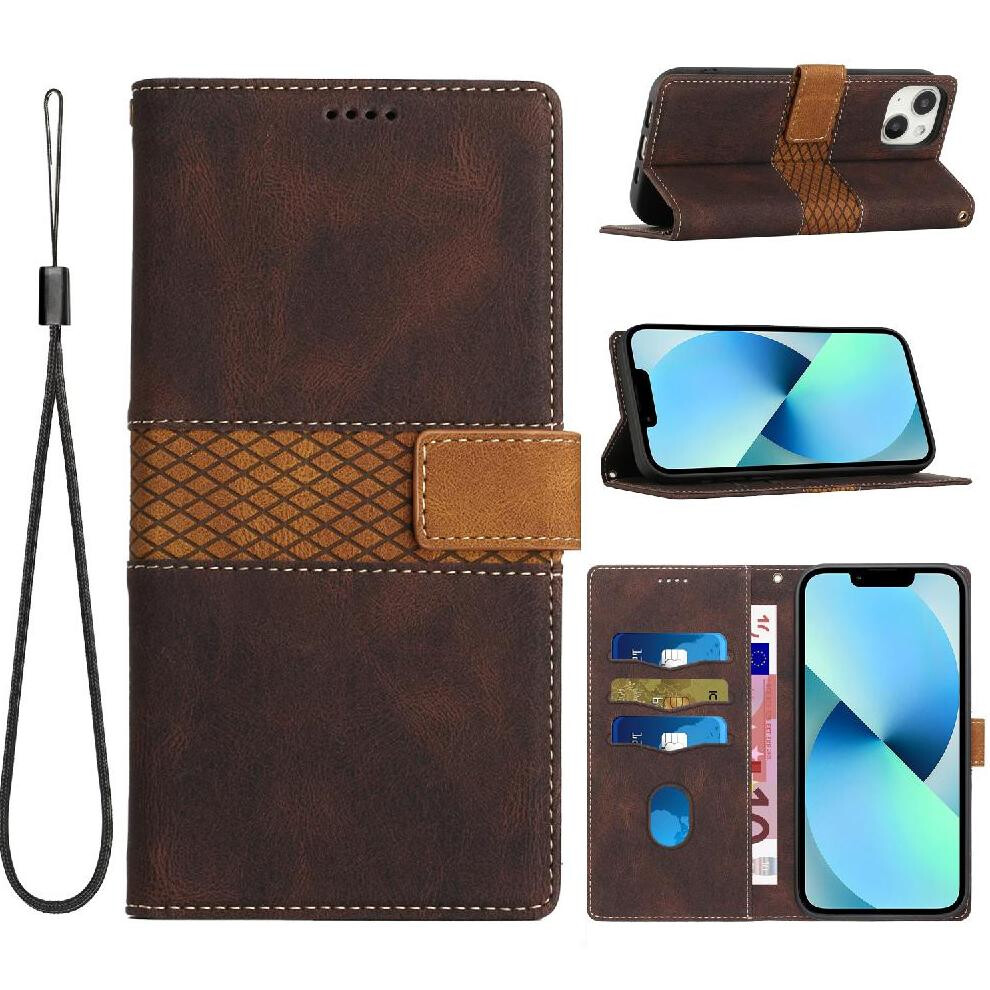 (Brown) Wallet Case For Iphone 13 Wrist Strap Card Slot Kickstand Magnetic Closure Scratch Resistant Brown 764563765584