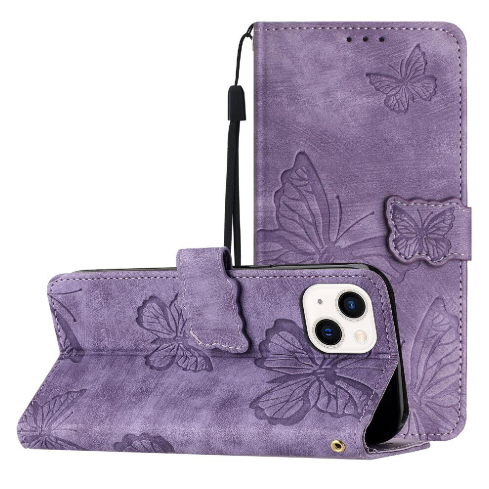 (Purple) Case For Iphone 13 Mini Pu Leather Magnetic Closure Wallet Card Slots Holder Butterfly Purple 764563766871