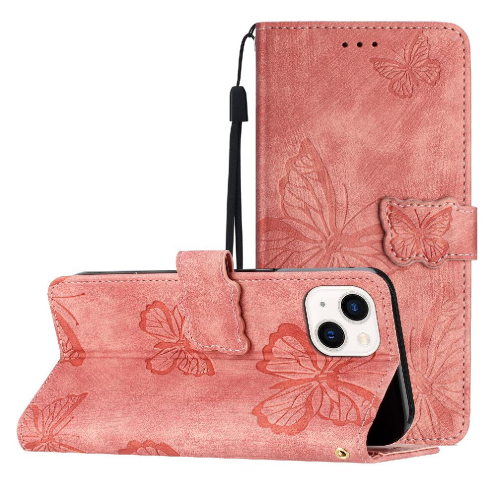 (Pink) Case For Iphone 13 Wallet Butterfly Pu Leather Card Slots Holder Magnetic Closure Pink 764563766925
