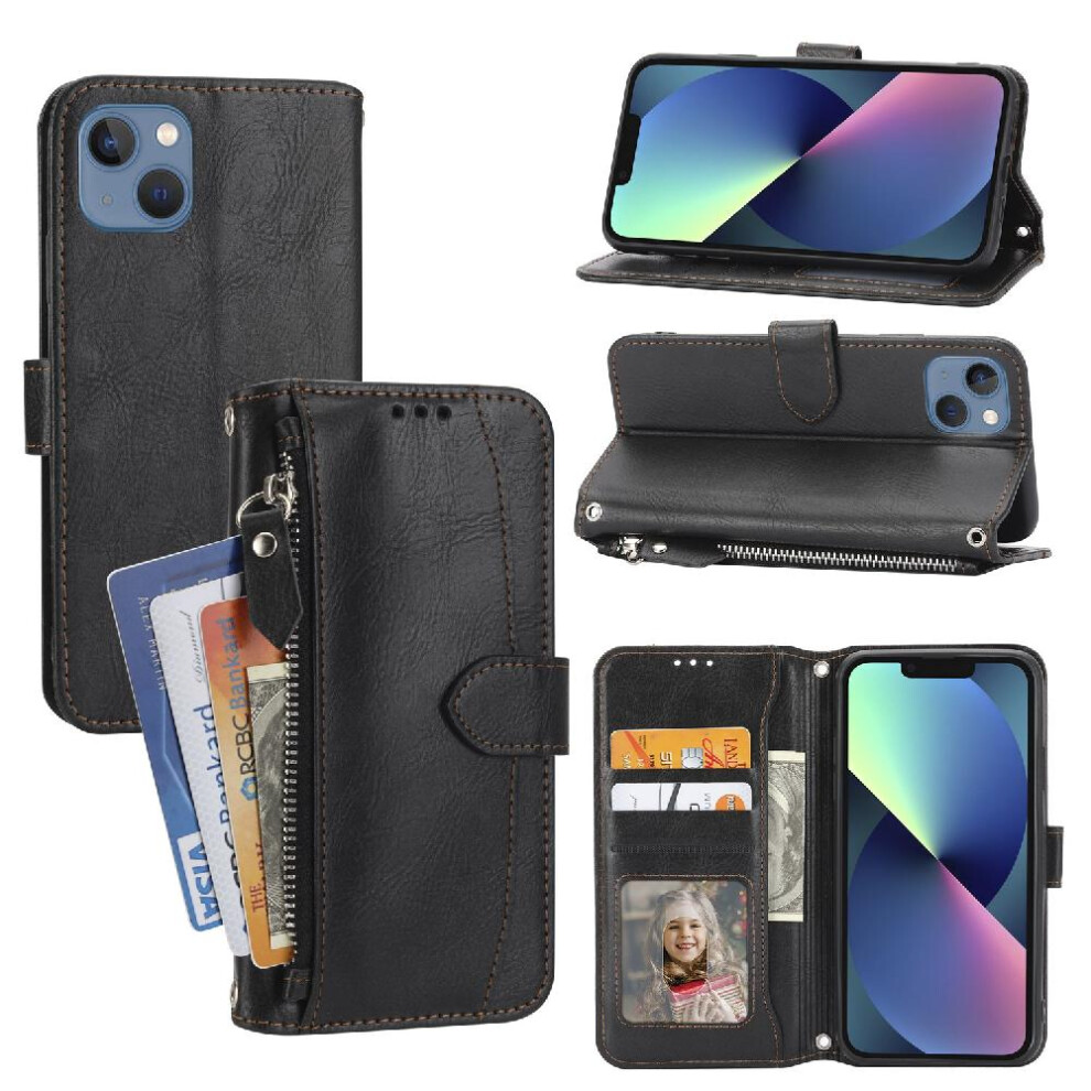 (Black) Flip Case For Iphone 13 Mini Card Holder Pu Leather Kickstand Anti Scratch Magnetic Closure Black 764563767175