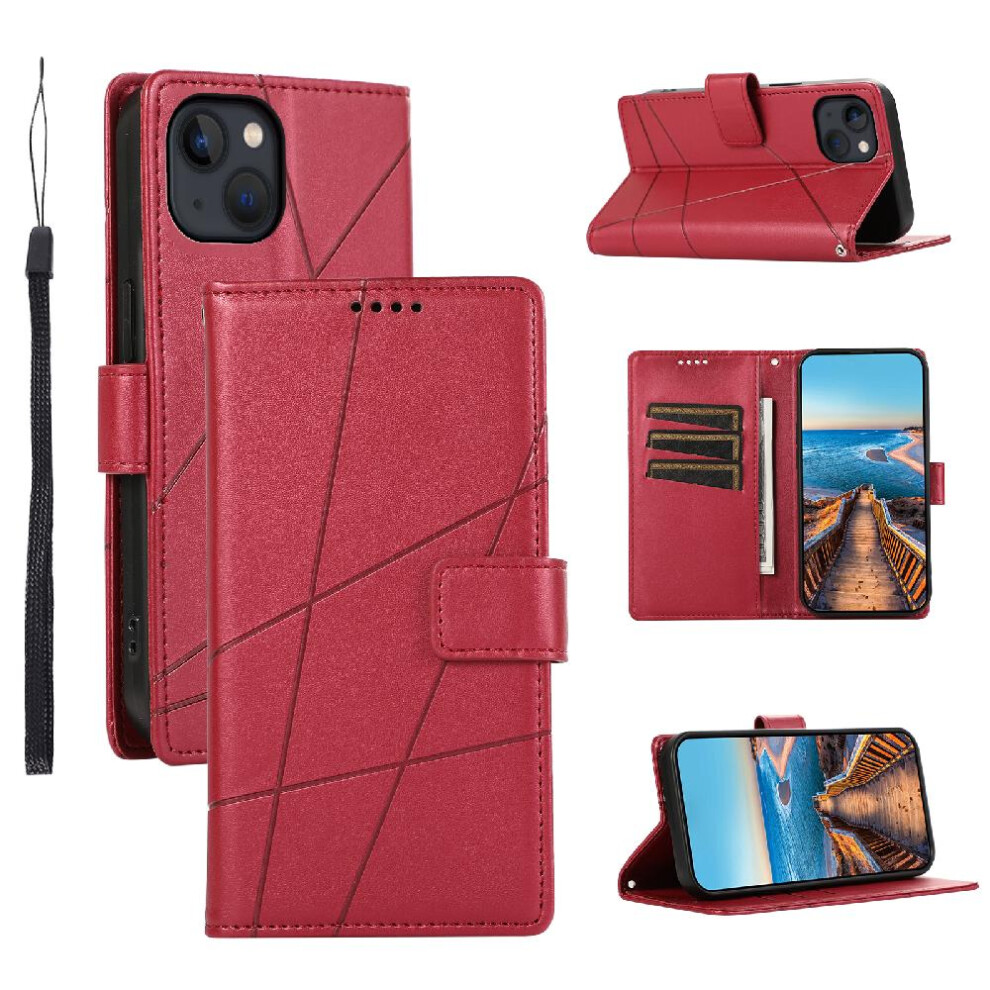 (Red) Flip Case For Iphone 13 Shockproof Three Card Slots Kickstand Shock Absorbing Red 764563767380