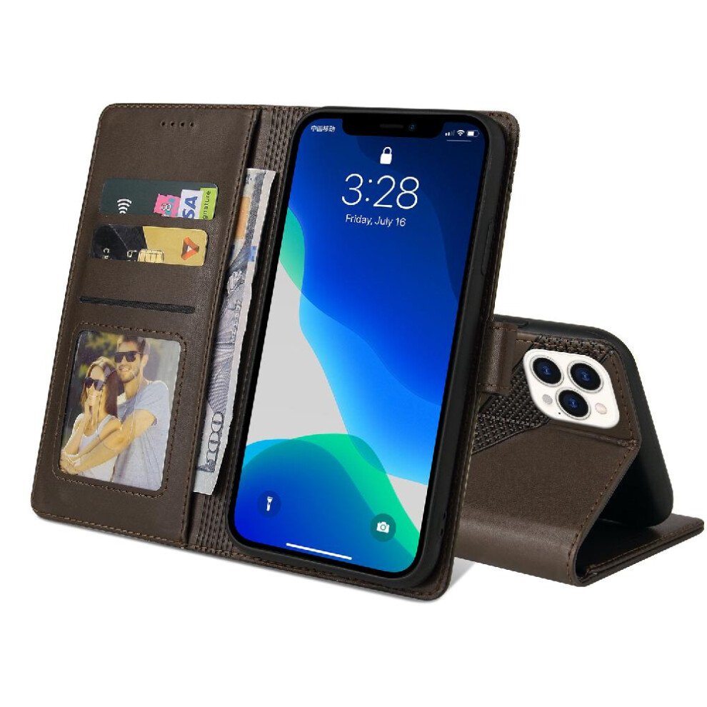 (Brown) Flip Case For Iphone 13 Pro Premium Leather Three Card Slots Kickstand Brown 764563767816