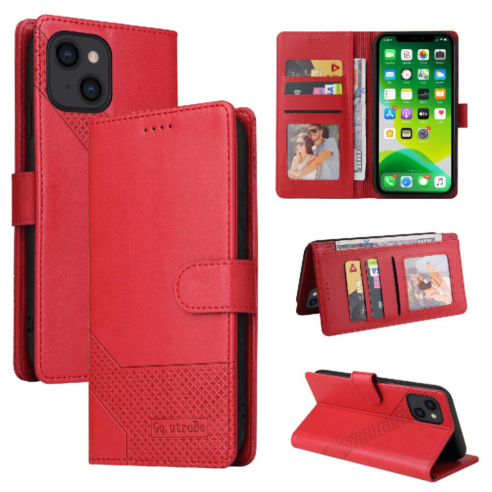 (Red) Flip Case For Iphone 13 Three Card Slots Kickstand Premium Leather Red 764563767830