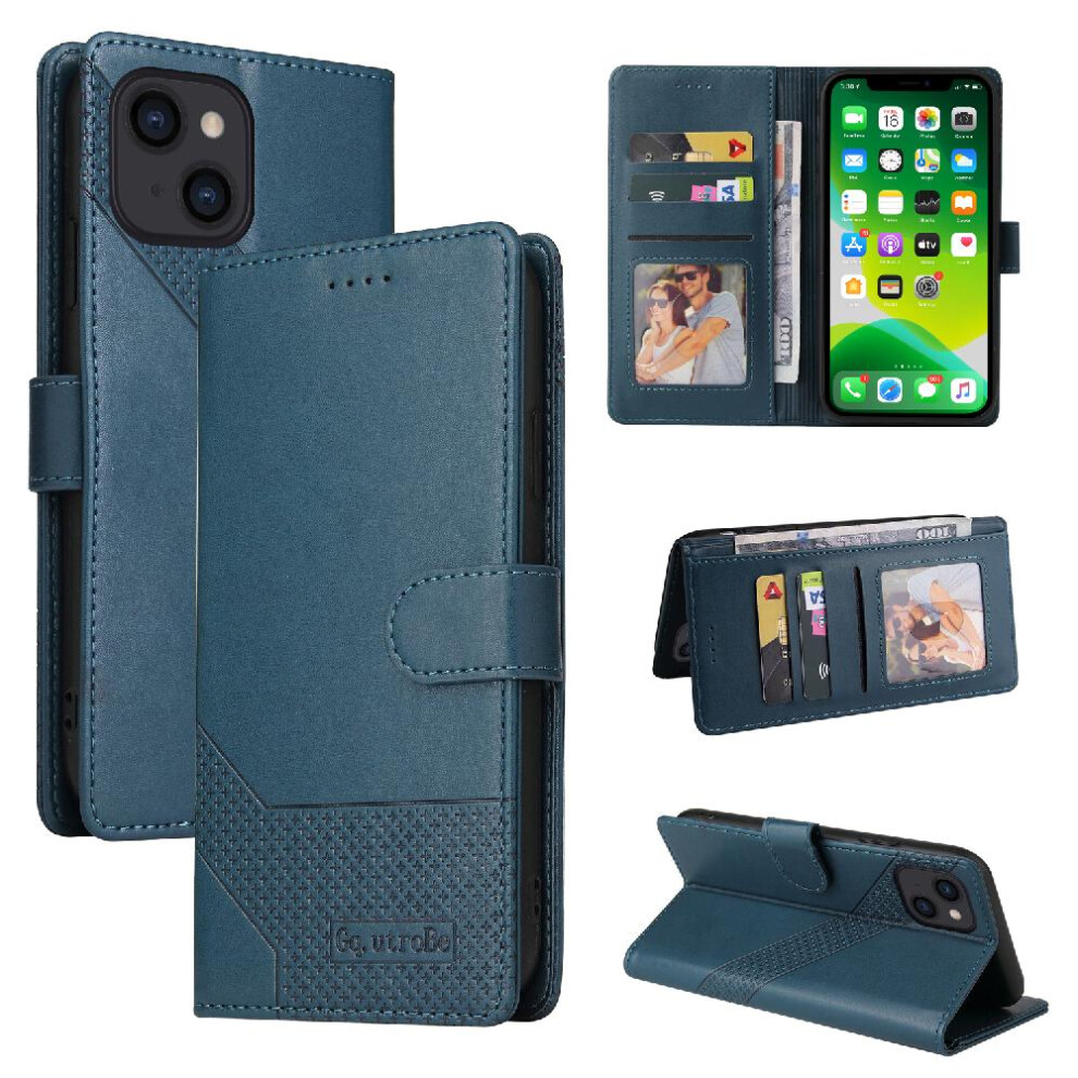 (Blue) Flip Case For Iphone 13 Three Card Slots Kickstand Premium Leather Blue 764563767854