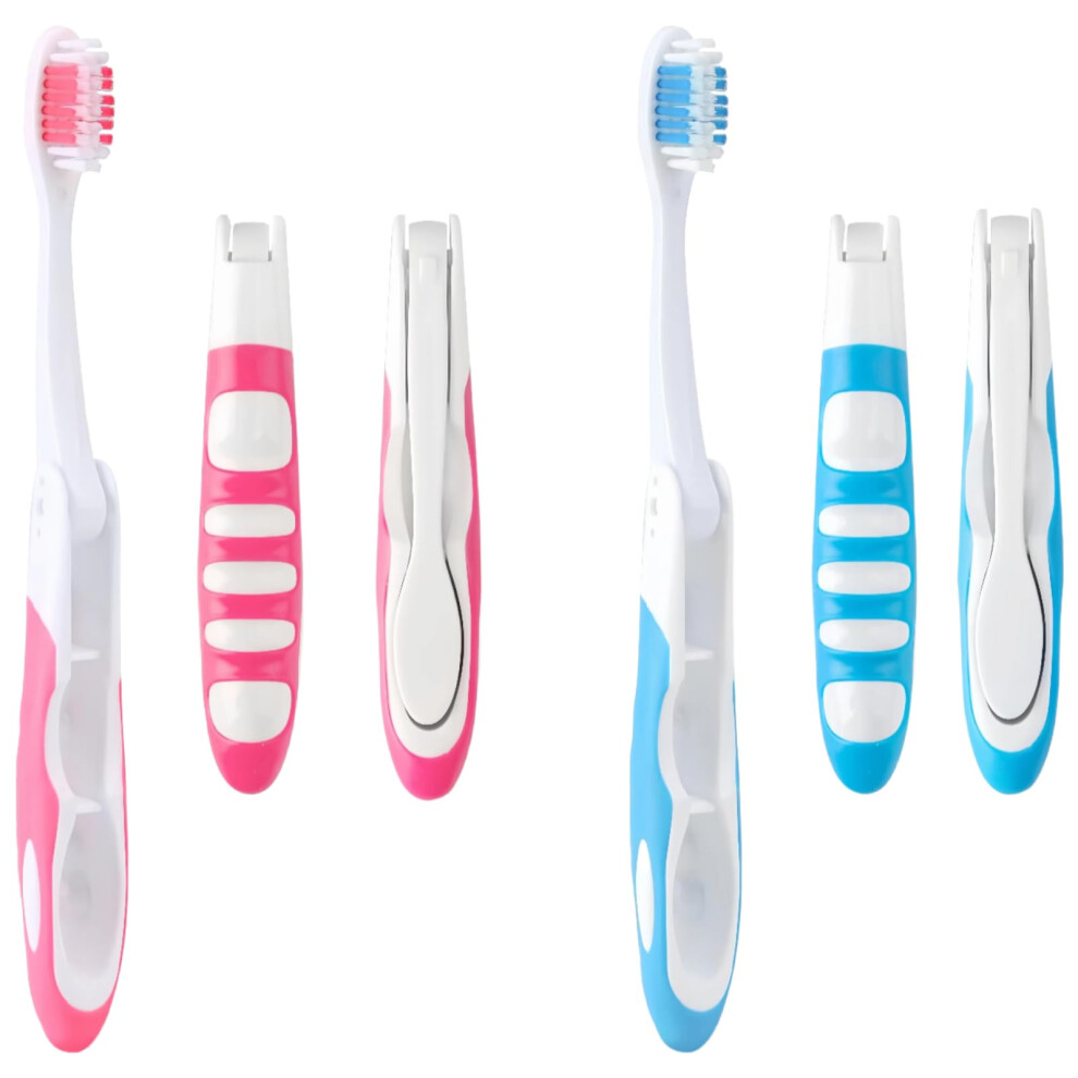 Pink/Blue 4Pcs Foldable Travel Toothbrush Set, Mini Portable Toothbrushes For Travel Camping Hiking, 2 2 Soft Bristles Foldable Toothbrushe