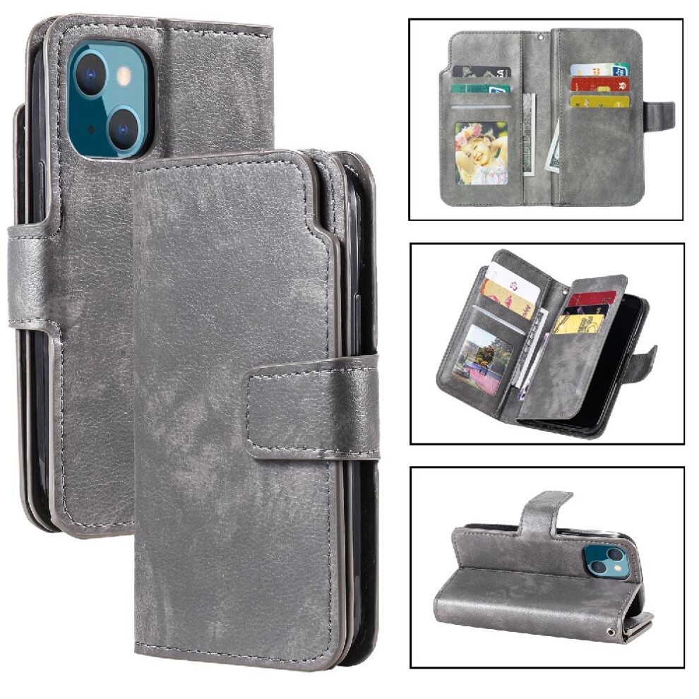 ( ) Case For Iphone 13 Mini Magnetic Wallet 9 Card Slots Kickstand Pu Leather Gray 764563770472