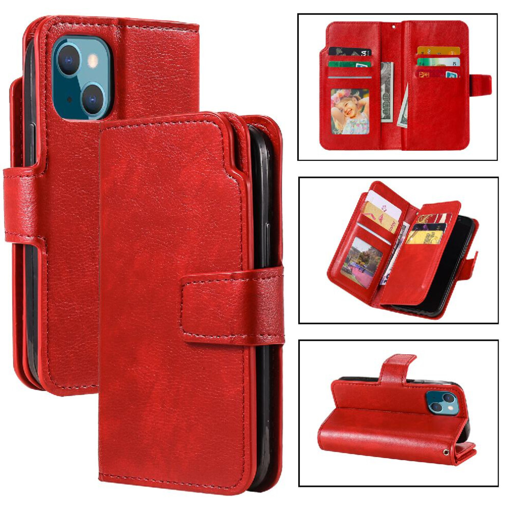 (Red) Case For Iphone 13 9 Card Slots Magnetic Wallet Pu Leather Kickstand Red 764563770540