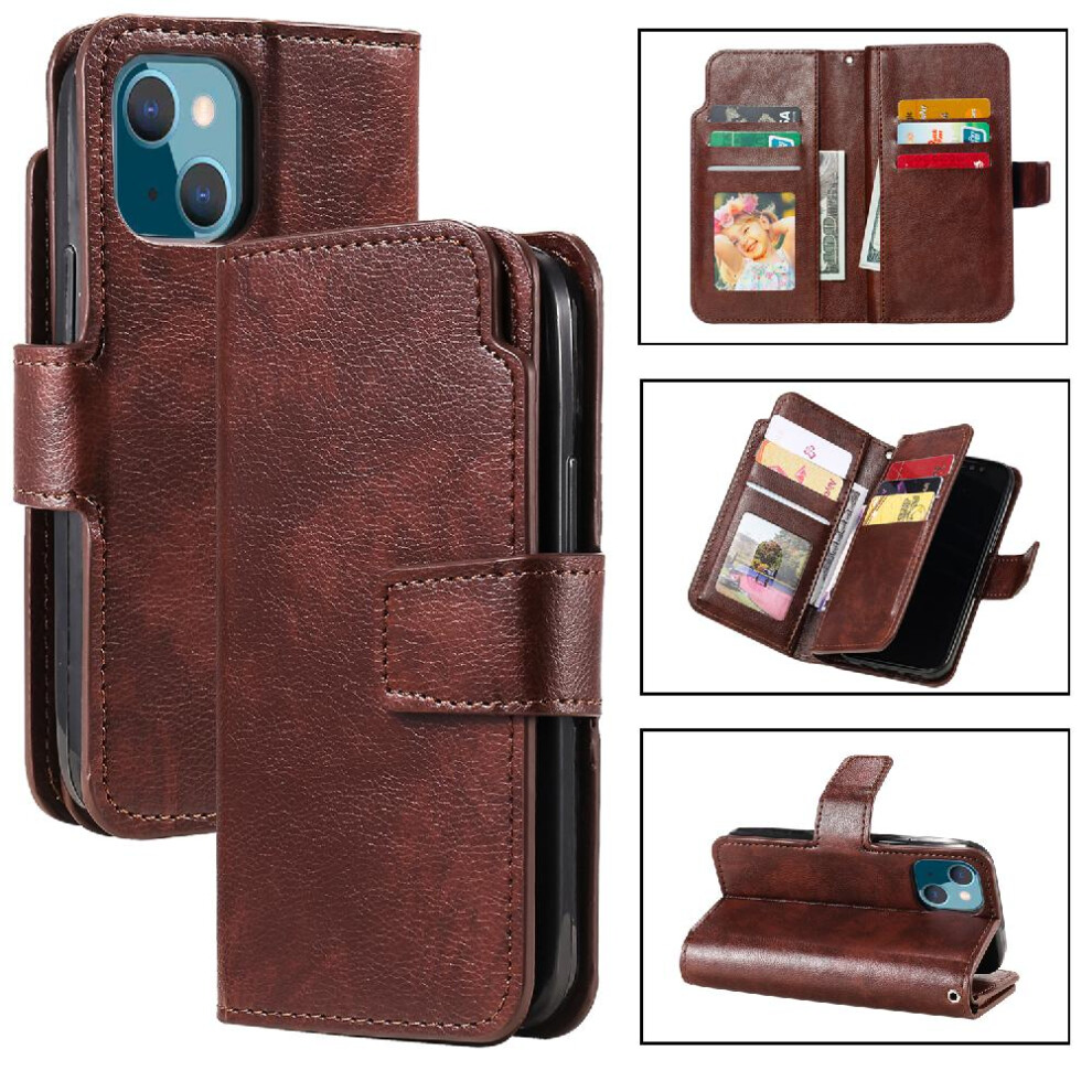 (Brown) Case For Iphone 13 9 Card Slots Magnetic Wallet Pu Leather Kickstand Brown 764563770557