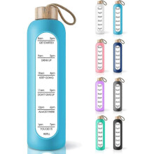 32 Oz Borosilicate Glass Water Bottle with Time Marker Reminder Quotes, Leak Proof Reusable Bpa Free Motivational Water Bottles with Silicone Sleeve A