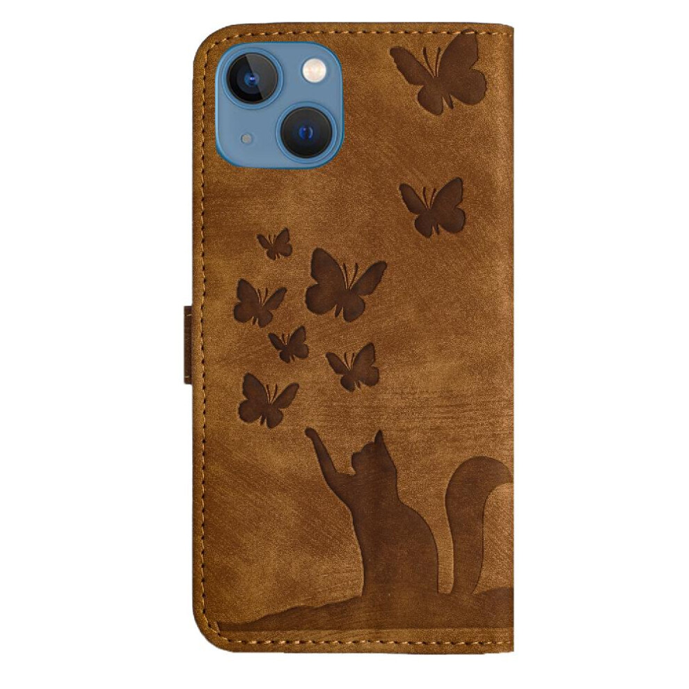 (Brown) Case For Iphone 13 Flip Folio Wallet Case Holder Cover Card Pocket Embossed Butterfly Cat Brown 764563771424