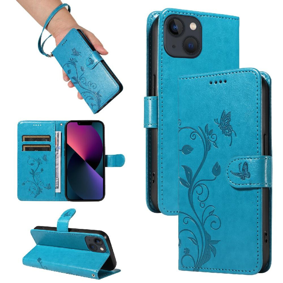 Photos - Case   For IPhone 13 Mini High Quality Leather And Card Slot Wallet Phone  Embossed Butterfly With Hand Strap(Blue)