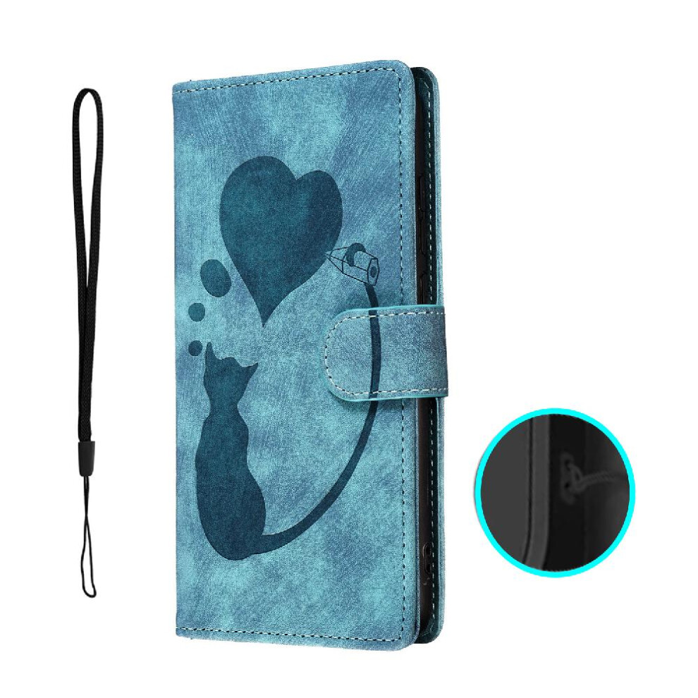 (Blue) Case For Iphone 13 Embossed Cute Cat Card Pocket Flip Folio Wallet Case Holder Cover Blue 764563772124