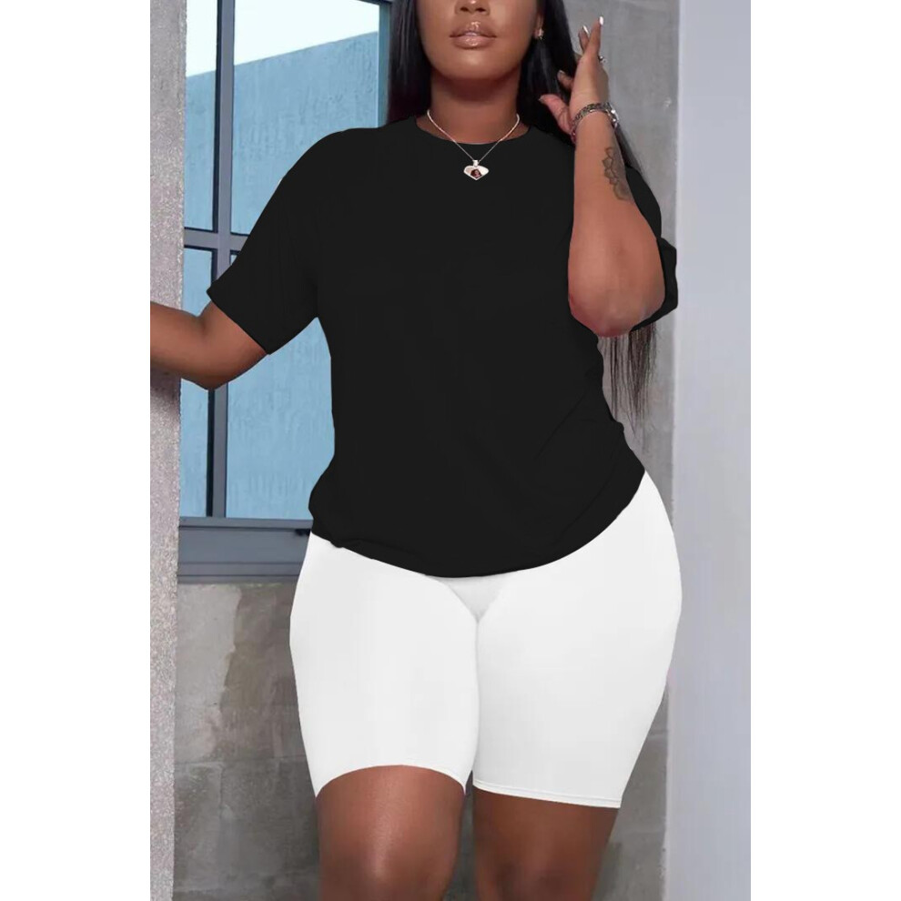 (Black Top + White Pants, XXL) Summer New Arrival Plus Size Women Solid Round Neck T-Shirt Shorts Fitness Sets