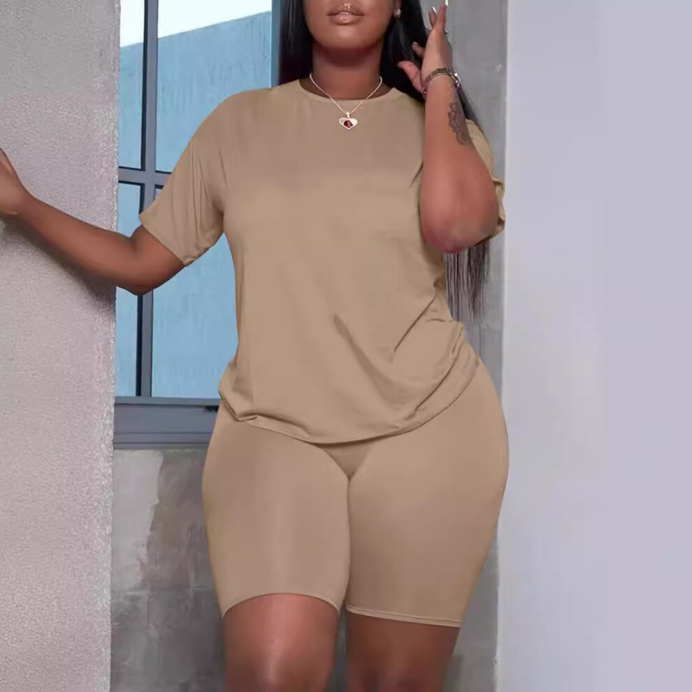 (Khaki, S) Summer New Arrival Plus Size Women Solid Round Neck T-Shirt Shorts Fitness Sets