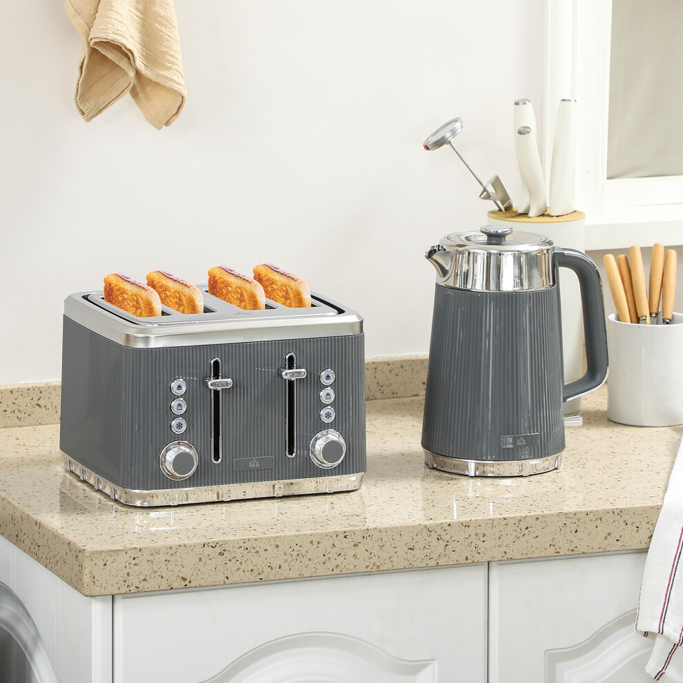 (Grey) HOMCOM 1.7L 3000W Rapid Boil Kettle and 4 Slice Toaster Set Crumb Tray
