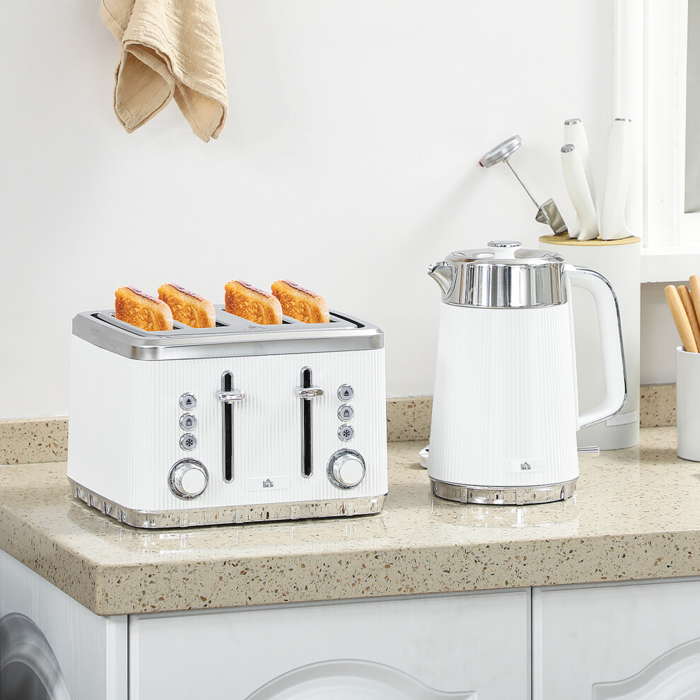 (White) HOMCOM 1.7L 3000W Rapid Boil Kettle and 4 Slice Toaster Set Crumb Tray