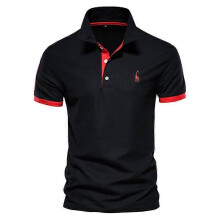 (5XL, Black Red) Mens Short Sleeve Classic Polo Shirts Slim-fit Deer Embroidery Basic Shirts Business Work Shirts - Black Red