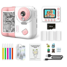 (Pink) Kids Instant Print Camera 2.4" IPS Screen 1080P Digital Video Camera with MP3 Player Games for Kid's Gift 32G TF Card