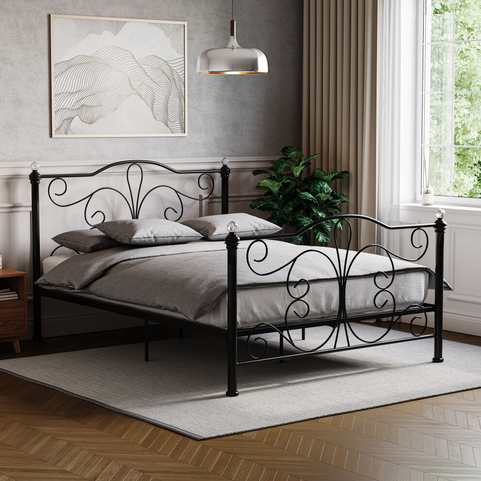 (Double, Black) Chicago Metal Bed Frame Crystal Finials Slatted