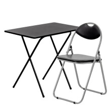 (Default) Wooden Folding Desk & Chair Set - All Black, Ideal for Small Spaces