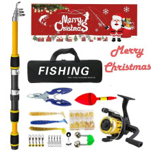 (Yellow) Christmas Fishing Lure Set Fishing Tackle Bag Set With Telescopic Fishing Rod and Fishing Wheel