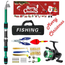 (Green) Christmas Fishing Lure Set Fishing Tackle Bag Set With Telescopic Fishing Rod and Fishing Wheel