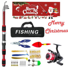 (Red) Christmas Fishing Lure Set Fishing Tackle Bag Set With Telescopic Fishing Rod and Fishing Wheel