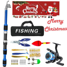 (Blue) Christmas Fishing Lure Set Fishing Tackle Bag Set With Telescopic Fishing Rod and Fishing Wheel