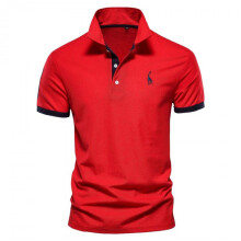 (XS, Red) Mens Short Sleeve Classic Polo Shirts Slim-fit Deer Embroidery Basic Shirts Business Work Shirts - Red