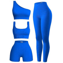 (M, Sapphire) Women's 4 Piece Outfits Ribbed Exercise Scoop Neck Sports Bra One Shoulder Tops High Waist Shorts Leggings Active Set