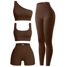 (L, Dark Brown) Women's 4 Piece Outfits Ribbed Exercise Scoop Neck Sports Bra One Shoulder Tops High Waist Shorts Leggings Active Set