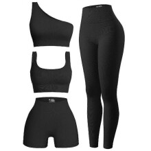 (L, Black) Women's 4 Piece Outfits Ribbed Exercise Scoop Neck Sports Bra One Shoulder Tops High Waist Shorts Leggings Active Set