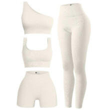 (S, White) Women's 4 Piece Outfits Ribbed Exercise Scoop Neck Sports Bra One Shoulder Tops High Waist Shorts Leggings Active Set