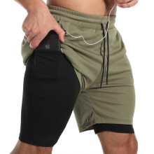 (M) Men's 2 in 1 Sports Quick Dry Workout Running Shorts Lightweight Athletic Gym Shorts with Compression Liner - Army Green